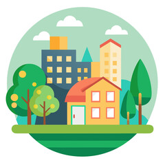 Flat design illustration of a suburban neighborhood with a house and city buildings