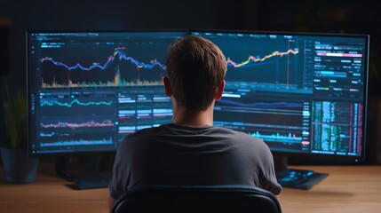 Investor monitoring rising stock portfolio on dual monitors AI technology concept