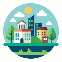 Flat illustration of a modern city skyline with trees and clouds