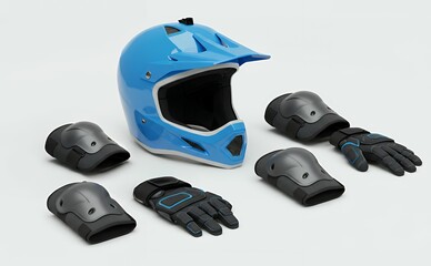 Obraz premium Blue motocross full face helmet with protective knee elbow shin pads and padded riding gloves safety equipment set isolated on white background