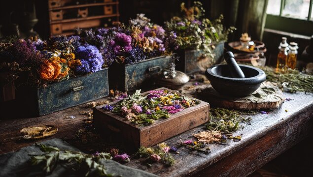 Dried herbs and flowers arranged in vintage wooden boxes and trays on a rustic table - Powered by Adobe