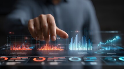 Investor planning fund allocation with holographic financial charts AI technology concept