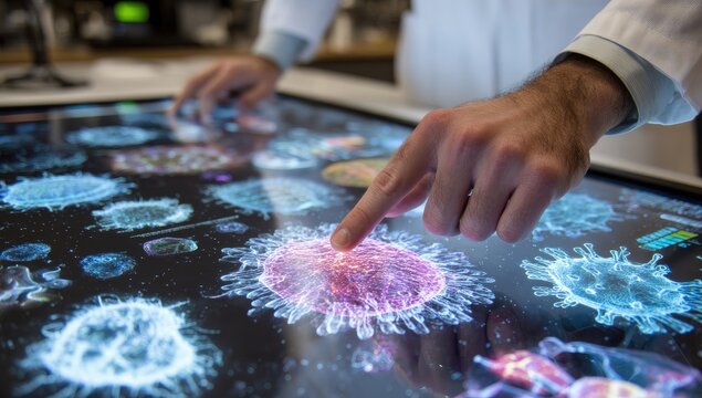 Hands interacting with a large interactive display showing virus models