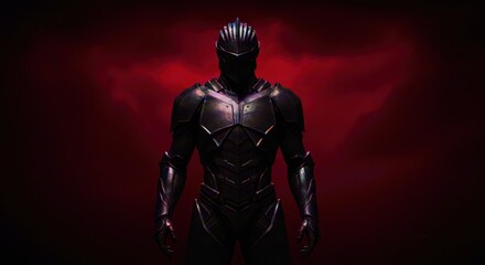 Dark knight in futuristic armor against a red, smoky background.