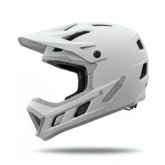 Fototapeta premium White matte finish full face mountain bike helmet side profile view showing extended visor removable chin guard and ventilation ports