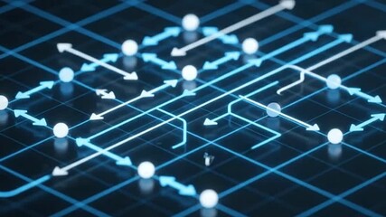 A blue grid with white spheres arrows indicating a direction or process some arrows straight some follow the grid - Powered by Adobe
