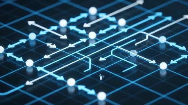 A blue grid with white spheres arrows indicating a direction or process some arrows straight some follow the grid