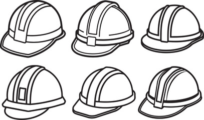 set of construction safety helmet line art, coloring book page line art drawing, vector and illustration