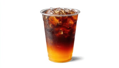 A transparent plastic cup filled with a layered iced beverage