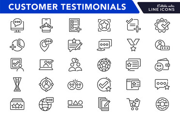 Customer Testimonials line icon set. Customer satisfaction, feedback, testimonials line icon set. Survey, customer review, five star line icon set. Ui thin line icon pack.