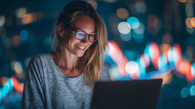 Woman investor smiling while checking stock performance on laptop AI technology concept