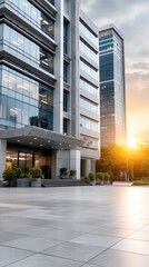 Fototapeta premium Modern office interior showcasing a bright and spacious environment with large windows and contemporary furnishings in a corporate building