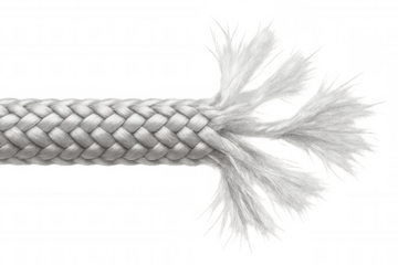 White fraying rope under studio lighting, symbolizing stress, vulnerability, and potential structural failure against transparent backdrop