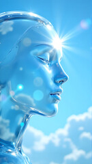 Crystal Head Sculpture with Bright Light on Forehead Against Sky and Clouds