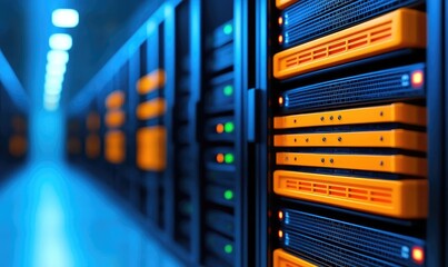 Rows of servers glow in a cool, blue-lit data center. Focus on the foreground rack with orange and dark elements, fading to a blurred background of similar server stacks