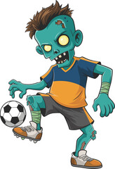 Obraz premium Cartoon zombie, green skin, yellow eyes, brown hair, blue orange jersey, black shorts, orange white shoes, soccer ball, balancing pose, CAD drawing, vector illustration
