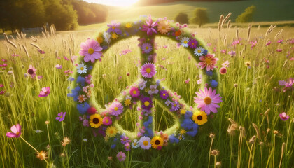 Flower power peace symbol in meadow, Ai generated image