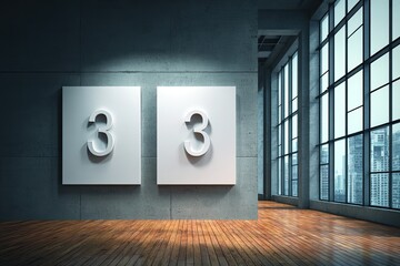Modern, minimalist room with two white display boards featuring the number three, set against a textured concrete wall and with large windows showcasing a cityscape