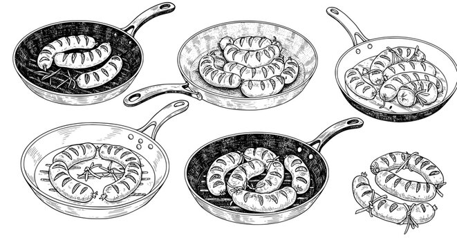 Delicious hand-drawn sausages sizzling in skillet, perfect for food illustrations and menu designs, mouthwatering