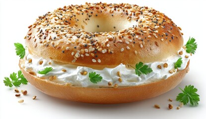Freshly baked bagel with cream cheese and parsley