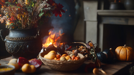 A burning basket of food sits on a table near a vase of flowers.