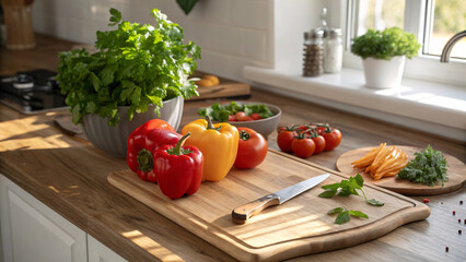 Photorealistic kitchen scene with wooden countertop, colorful bell peppers, ripe tomatoes, fresh parsley and basil, wooden cutting board with knife, soft natural side light, all objects in sharp focus