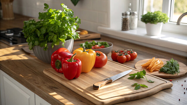 Photorealistic kitchen scene with wooden countertop, colorful bell peppers, ripe tomatoes, fresh parsley and basil, wooden cutting board with knife, soft natural side light, all objects in sharp focus