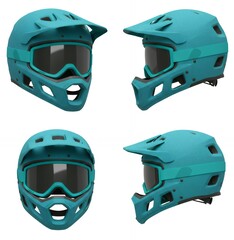Naklejka premium Turquoise blue mountain bike full face helmet with detachable chin protection and dark tinted goggles, product photography for cycling safety gear catalogs
