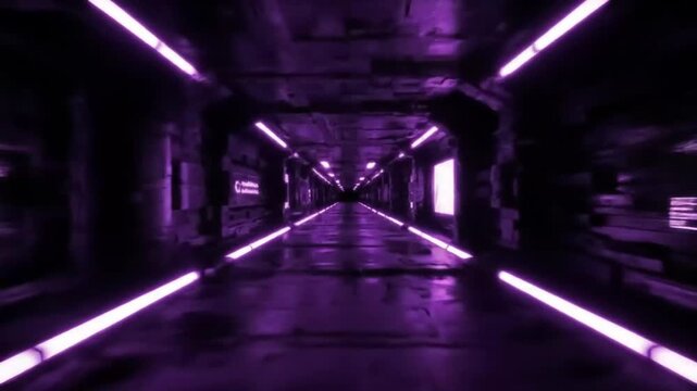A futuristic tunnel showcases vibrant purple hues and neon lighting, creating an immersive environment with a sense of depth and technological advancement, offering a visually stunning aesthetic.