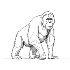 oran-gutan, minimalistic linear drawing, simple black and white contour illustration, vector, isolated, clean design, modern minimal contour sketch for posters, prints and decor