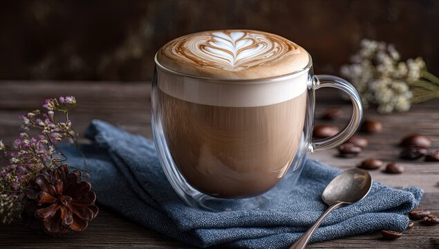A double-walled glass mug of latte art coffee