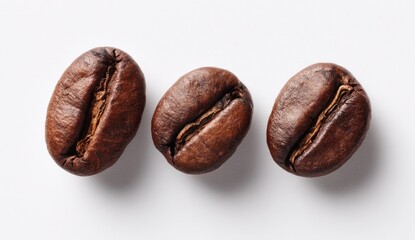 Obraz premium Three coffee beans arranged in a row against a white background