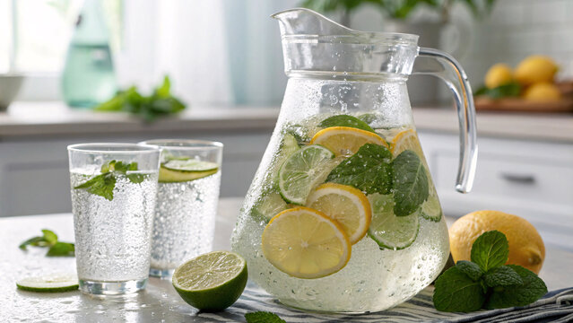 Photorealistic close-up of glass pitcher with water, lemon and lime slices, fresh mint leaves, condensation droplets, two empty glasses, bright kitchen background, all objects in sharp focus