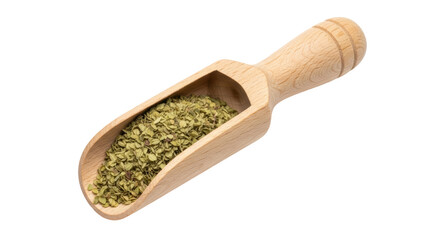 Isolated dried oregano in a wooden scoop