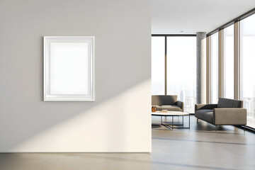 Obraz premium Modern living room with empty framed artwork and large windows