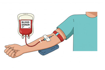 Blood donation process, illustration of arm with needle and blood bag for medical use