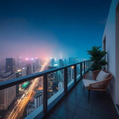 Fototapeta premium Balcony Perspective: Illuminated Skyscrapers and Starry Sky