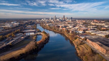 Aerial view of the congaree river winding through the urban landscape of columbia, south carolina, showcasing the cityscape under a vibrant blue sky with scattered clouds