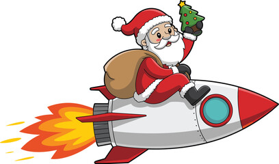 Santa Claus, red and white outfit, Christmas tree, gift sack, rocket ship, blue window, flames, festive holiday, space travel, vector illustration