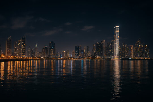 AI-generated mage of a nocturnal view of Panama City , Panama buildings skyline. - Powered by Adobe