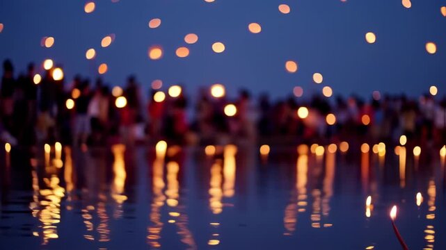Beautiful blurry light night scene on the riverside with golden bokeh background and reflection