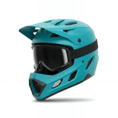 Turquoise full-face mountain bike helmet with integrated goggles and removable chin bar for enduro trail riding and downhill racing