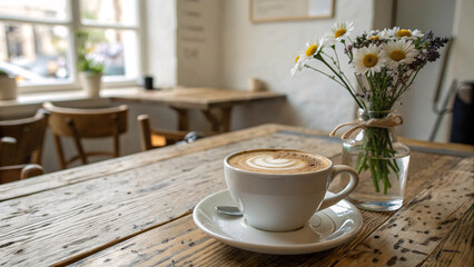 Fototapeta premium Photorealistic close-up of cappuccino with creamy foam and latte art, wooden table, small flower vase, soft sunlight, cozy cafe interior, all in perfect focus 