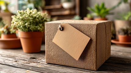 Eco-Friendly Recycled Cardboard Box with Blank Square Label in Soft Natural Lighting for Sustainable and Minimalist Packaging Concepts