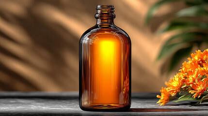 Minimalist Blank Label on Amber Glass Bottle with Premium Studio Lighting and Clean Background for Elegant and Realistic Packaging Concept