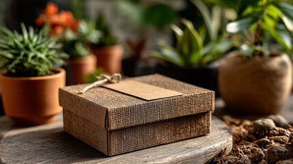 Eco-Friendly Recycled Cardboard Box with Blank Square Label in Soft Natural Lighting for Sustainable and Minimalist Packaging Concepts