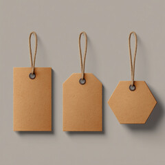 Set of three blank kraft paper tags in rectangle, circle, and hexagon shapes, photorealistic close-up with neutral background and soft lighting