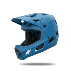 Fototapeta premium Professional mountain bike full-face helmet in blue with ventilation system and protective chin guard for downhill racing safety equipment