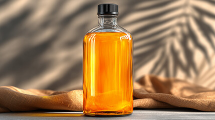 Minimalist Blank Label on Amber Glass Bottle with Premium Studio Lighting and Clean Background for Elegant and Realistic Packaging Concept