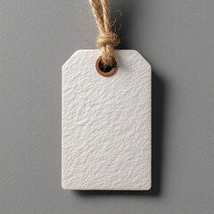 Minimalist blank paper tag with rounded corners and natural jute string, realistic textured surface, soft lighting and high-quality photography for branding mockups